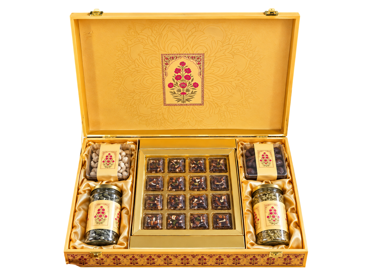 Anpurna Yellow Luxury Gift Hamper | Assorted Dry Fruits, Sweets & Healthy Snacks