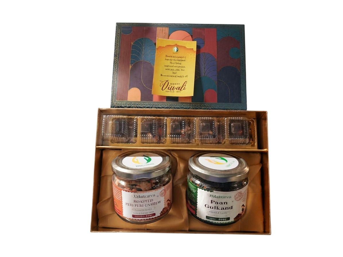 Tyohar Gift Hamper – Date Dry Fruit Barfi, Roasted Kaju Peri Peri & Paan Gulkand | Premium Festive Gift